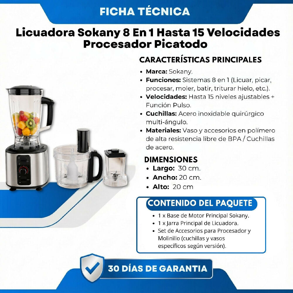 Licuadora 7 en 1 Sokany 15 Velocidades Procesador Multifuncional de Alta Potencia para Cocina Completa