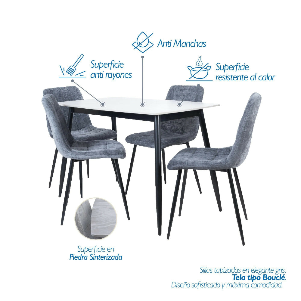 Juego de Comedor 4 Puestos en Piedra Sinterizada Gris Oscuro Adam