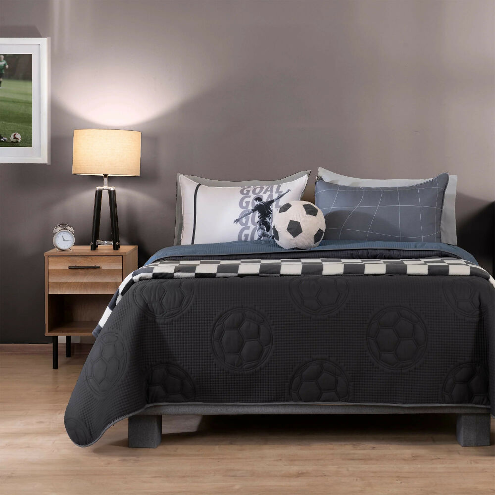 Juego Edredon Soccer, para Cama Doble y Queen, 2 Vistas (Incluye 2 Fundas 1 Cojín 1 Cobertor Ligero)