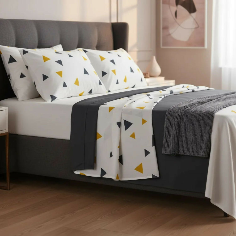 Juego de Sábanas Cama Queen 300 Hilos 100% Algodón Diseño Origami Geométrico