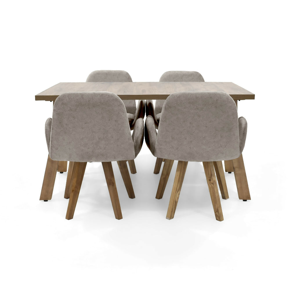 Set de Comedor Nara Macula con 4 Sillas Mao Tela Plata Matiz Caoba