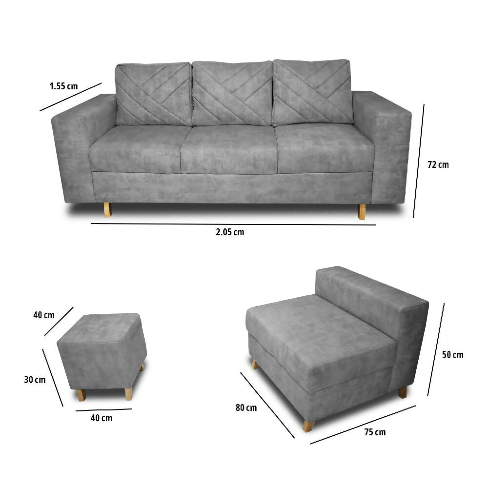 Sala Amsterdam + Silla + Puff en Tela Amiglable Con Mascotas 205X72X155 Cm Gris
