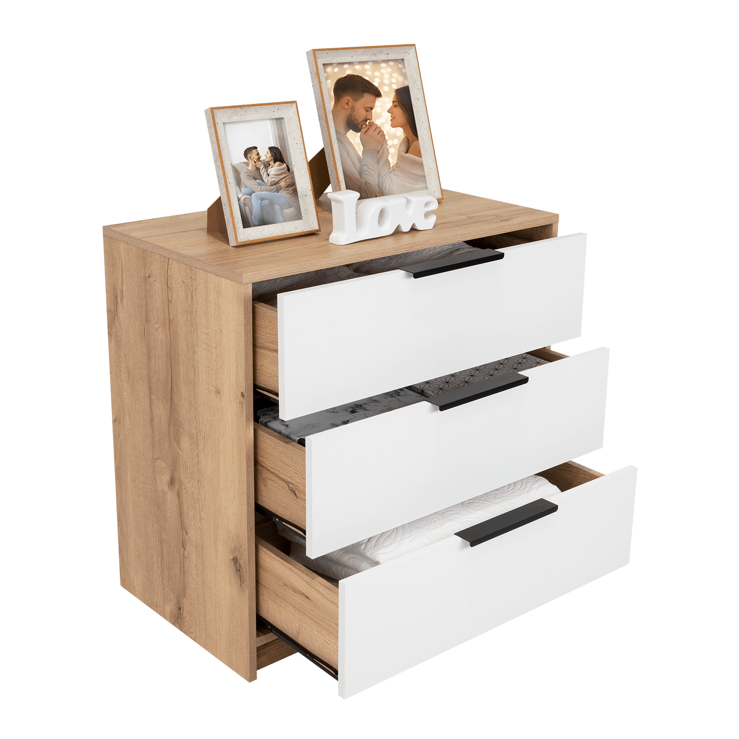 Organizador Wesley, Fresno Europeo y Blanco, con Tres Cajones Multiusos y Manijas Metálicas X2