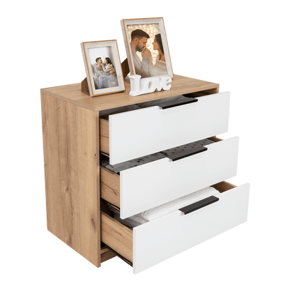 Organizador Wesley, Café Claro y Blanco, con Tres Cajones Multiusos y Manijas Metálicas X2