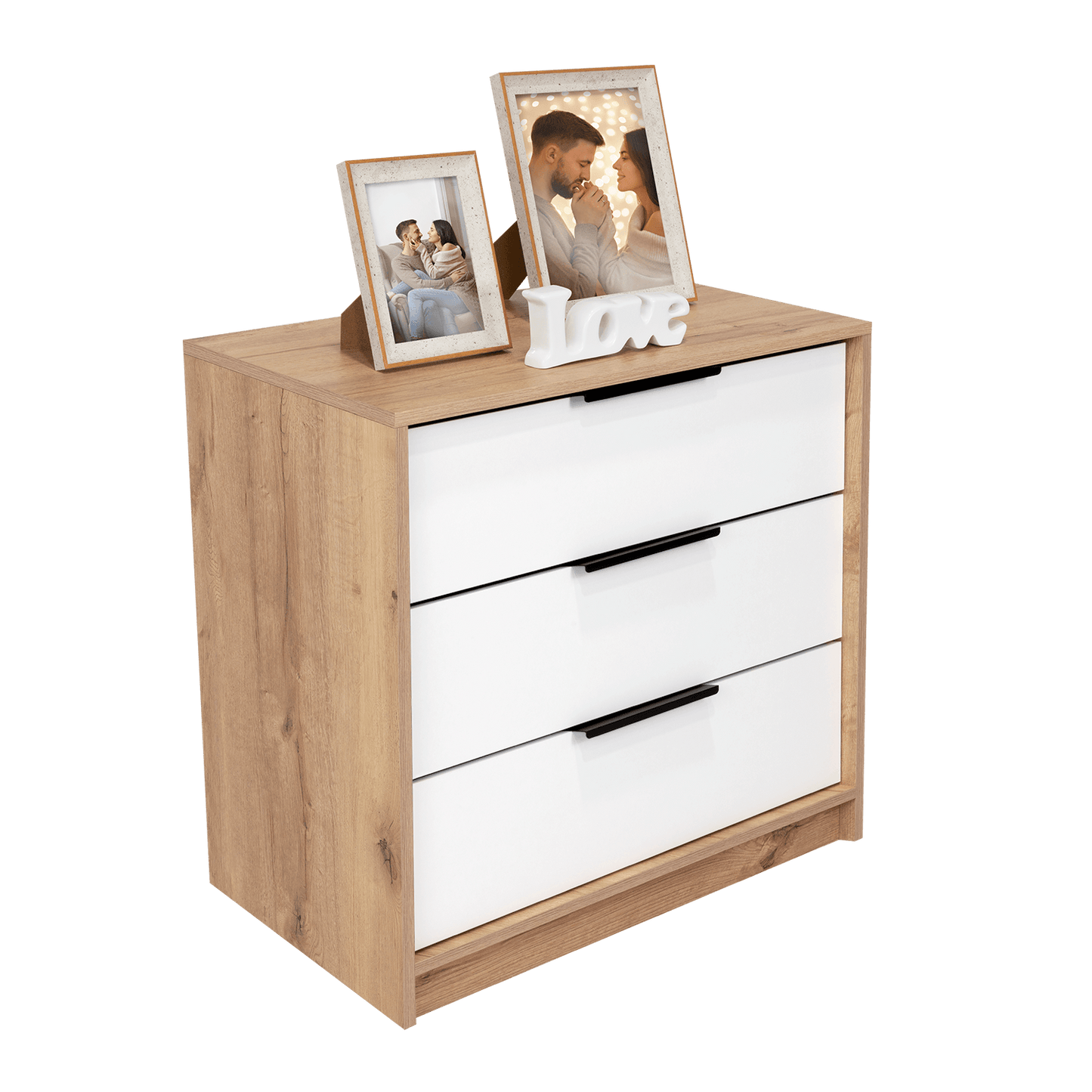 Organizador Wesley, Café Claro y Blanco, con Tres Cajones Multiusos y Manijas Metálicas X2