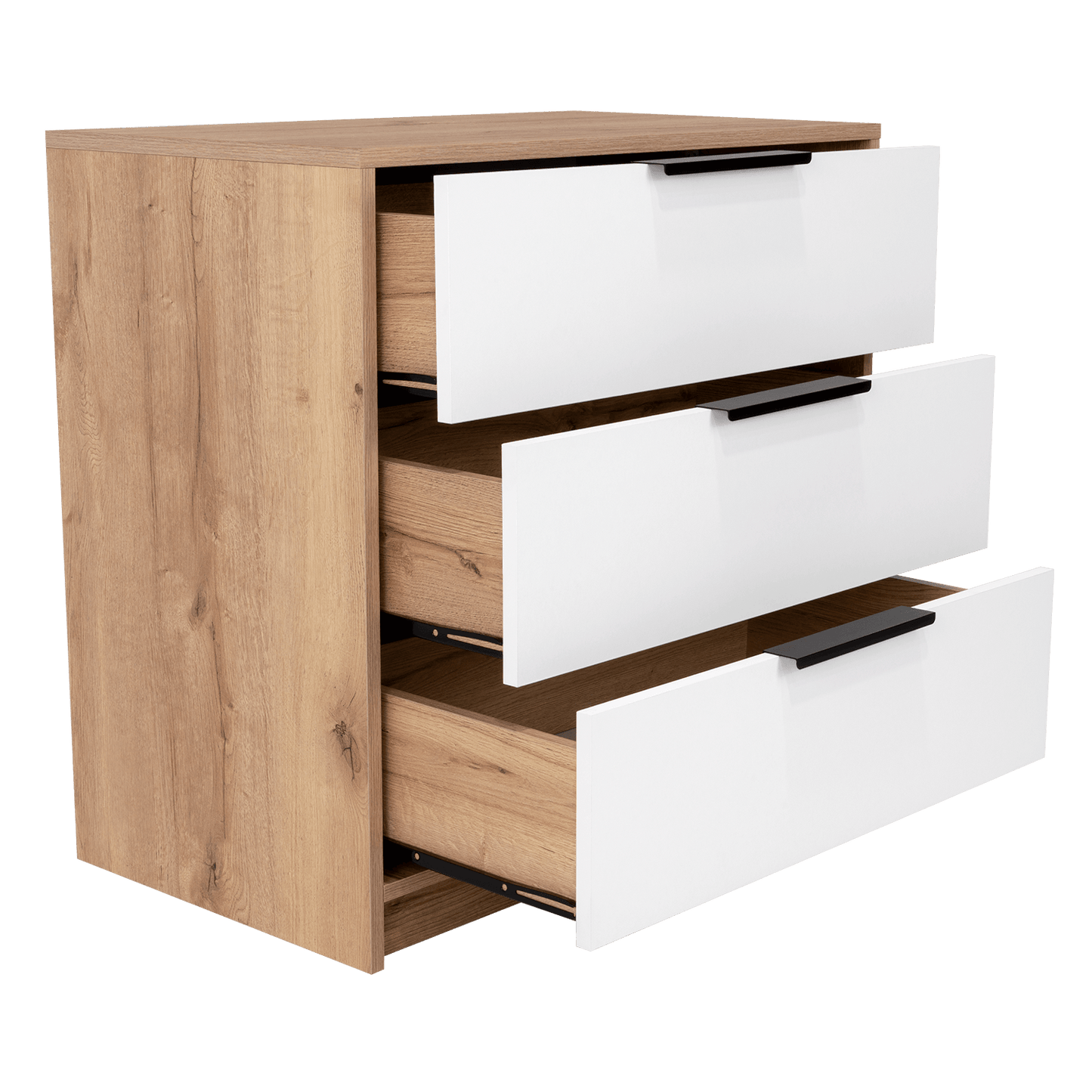 Organizador Wesley, Café Claro y Blanco, con Tres Cajones Multiusos y Manijas Metálicas X2