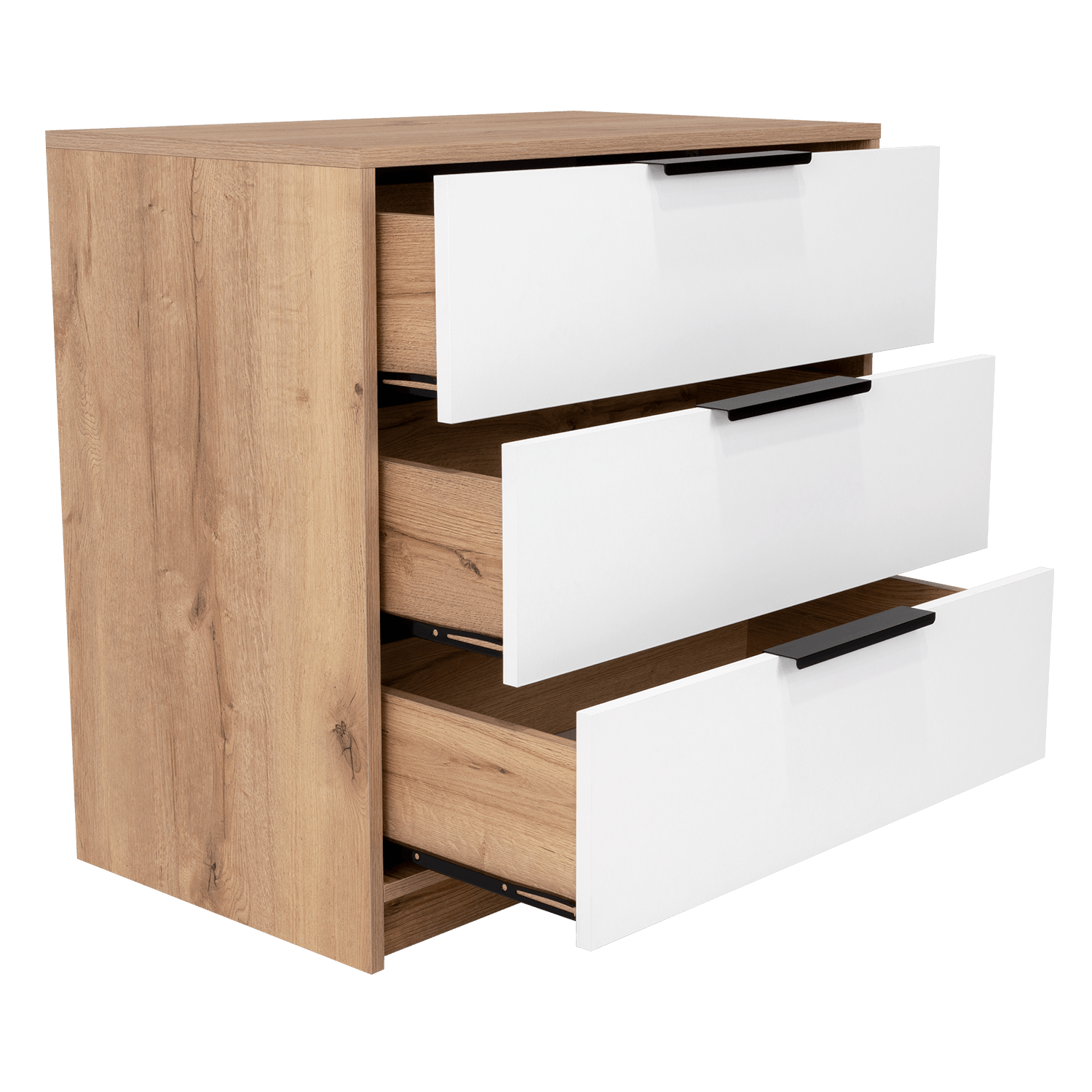 Organizador Wesley, Fresno Europeo y Blanco, con Tres Cajones Multiusos y Manijas Metálicas X2