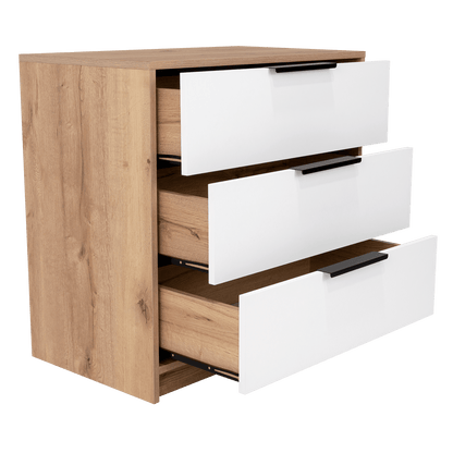 Organizador Wesley, Café Claro y Blanco, con Tres Cajones Multiusos y Manijas Metálicas X2