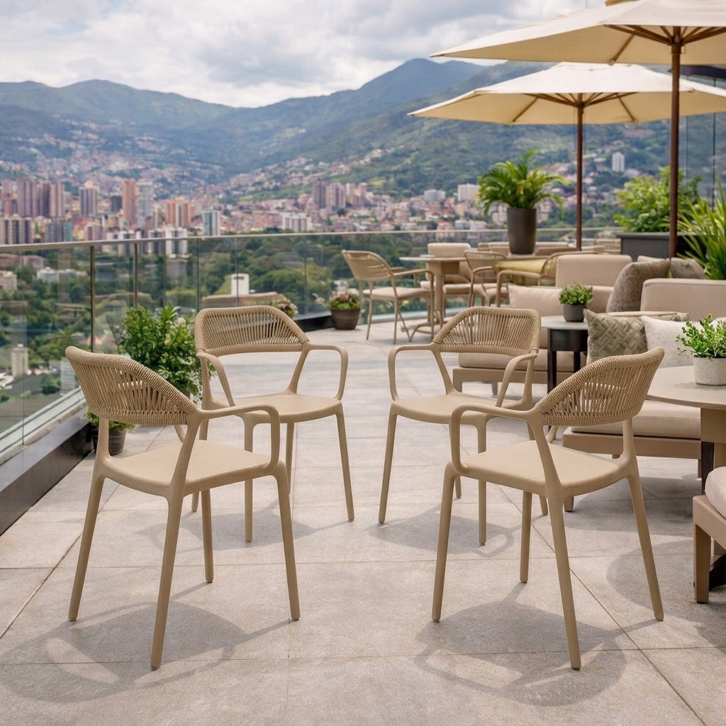 Set de 4 Sillas con Brazos Bombay, Khaki y Beige, con Espaldar en Cuerdas y Diseño Moderno