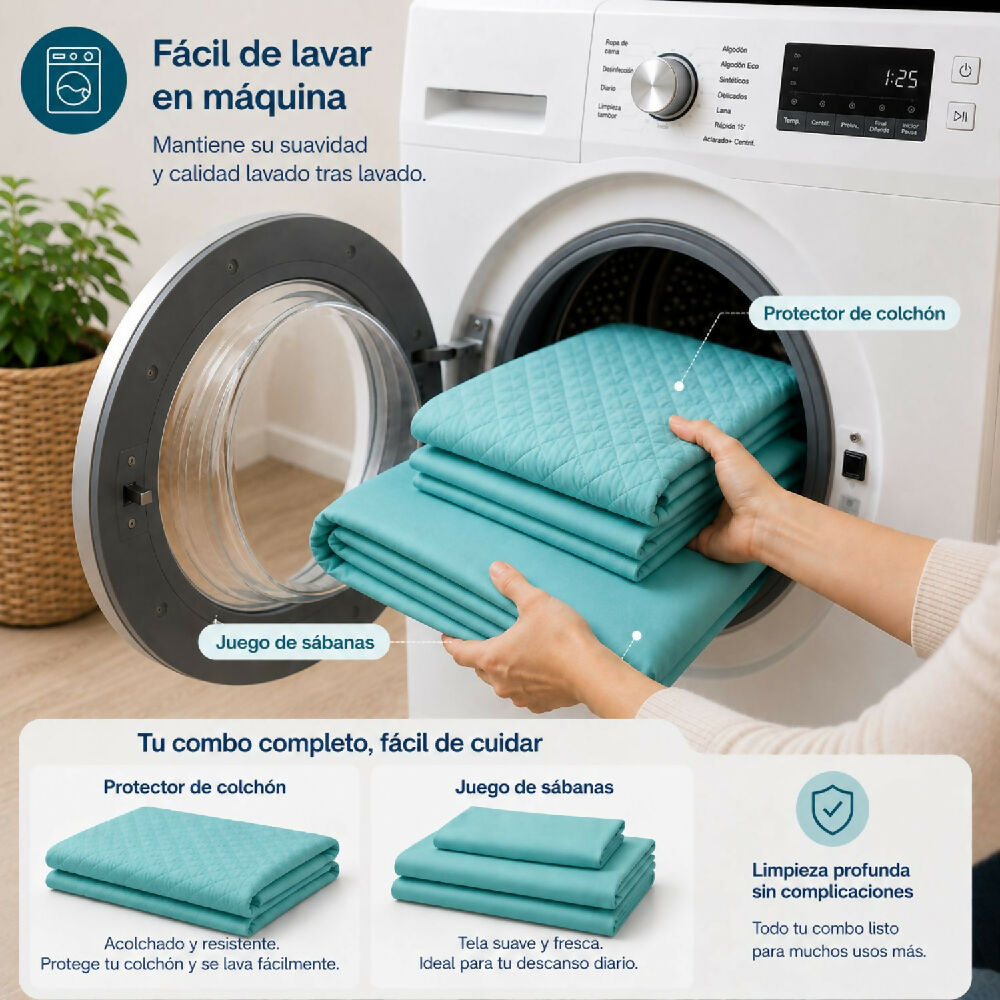 Combo protector colchon + Juego de sábanas sencilla turquesa