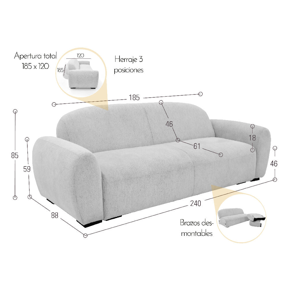 Sofa Cama Auren 240x88x85 cm Con Brazos Removibles Tela Mix