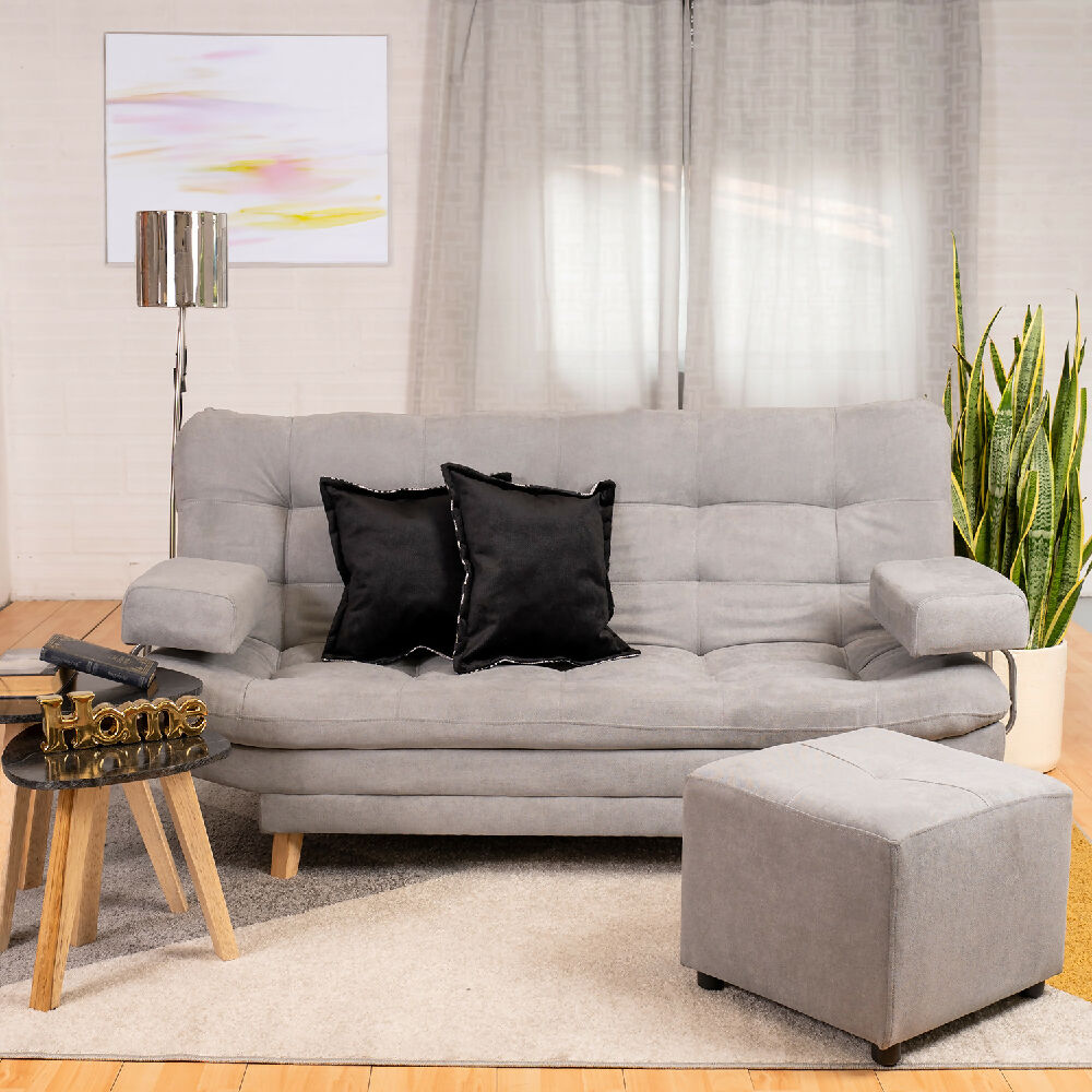 Sofá Cama Valencia Gris Plata + Puff
