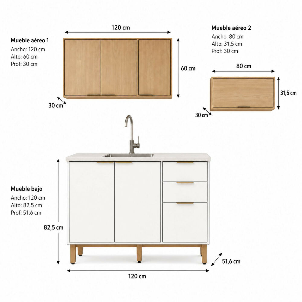 Cocina 200 cm Isabela 7 Puertas 2 Cajones - Almendra/Blanco Apagado