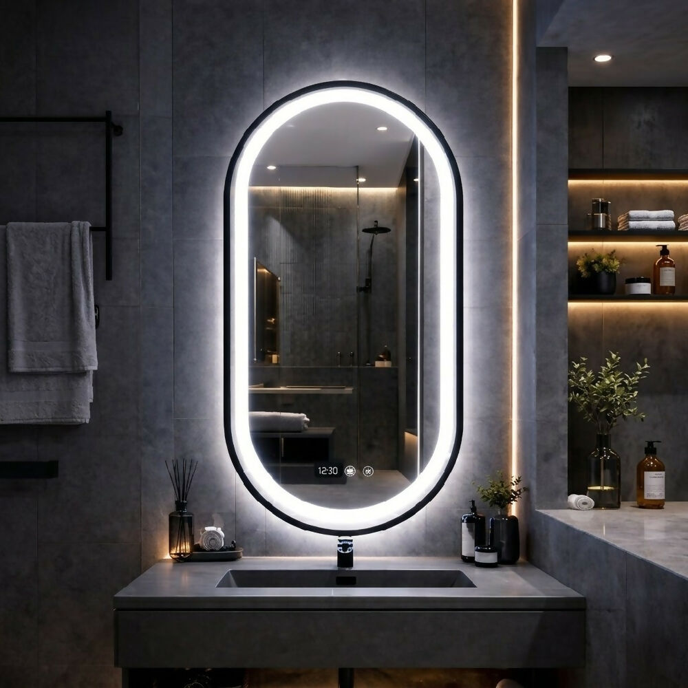 Espejo LED ovalado 100x55 con sistema antiempañante y elegante marco negro
