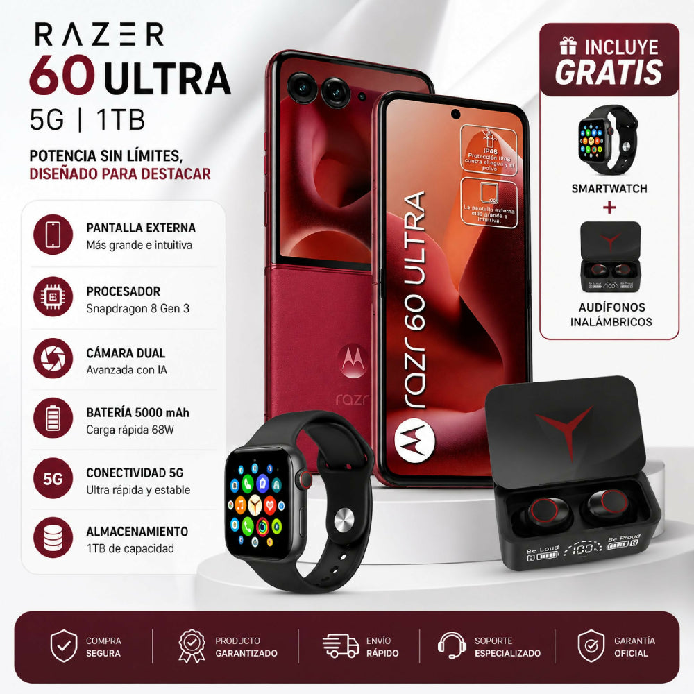 Teléfono Motorola Razr 60 Ultra 1TB Rojo + Kit Regalo Reloj Inteligente Y Audífonos