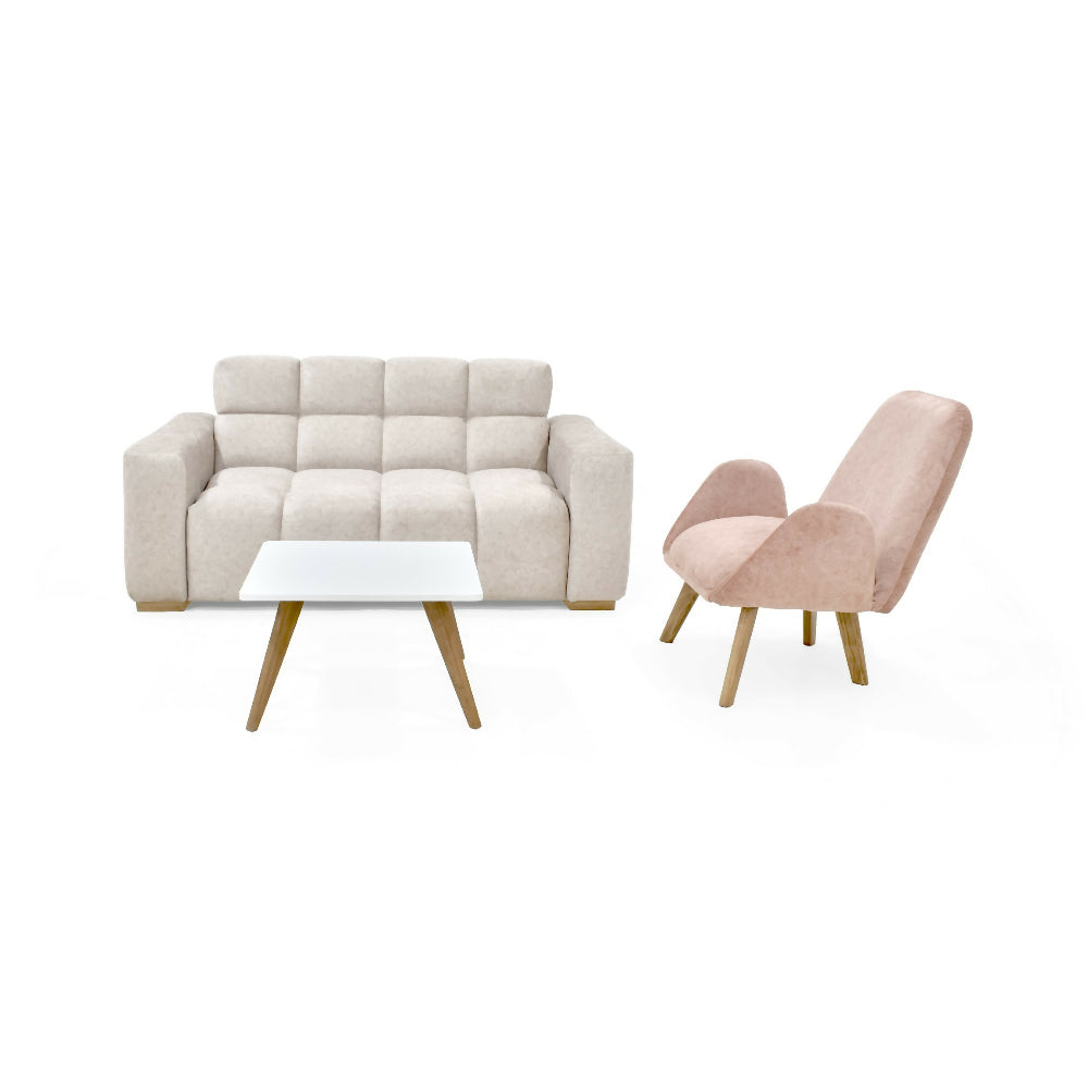 Set de Sala con Sofa Miami 2 Puestos Tela Beige con Poltrona Sibu Tela Salmon y Mesa Nova