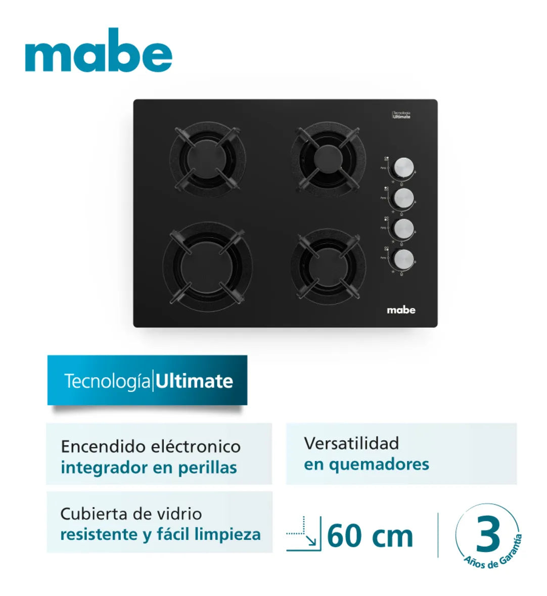 Estufa de Empotrar Mabe 60cms 4 Puestos Gas Natural, Negro