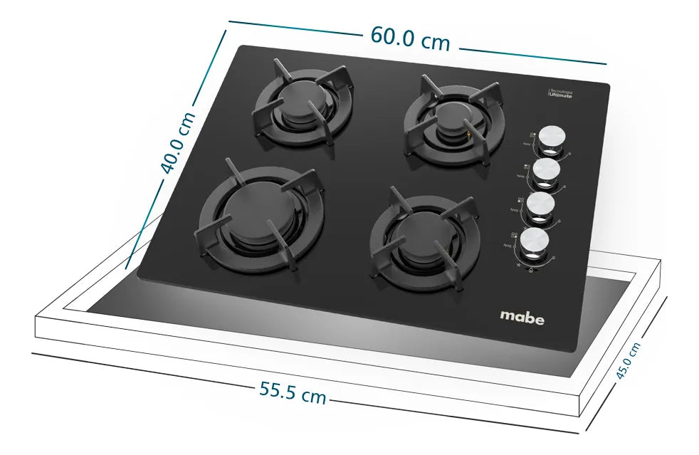 Estufa de Empotrar Mabe 60cms 4 Puestos Gas Natural, Negro