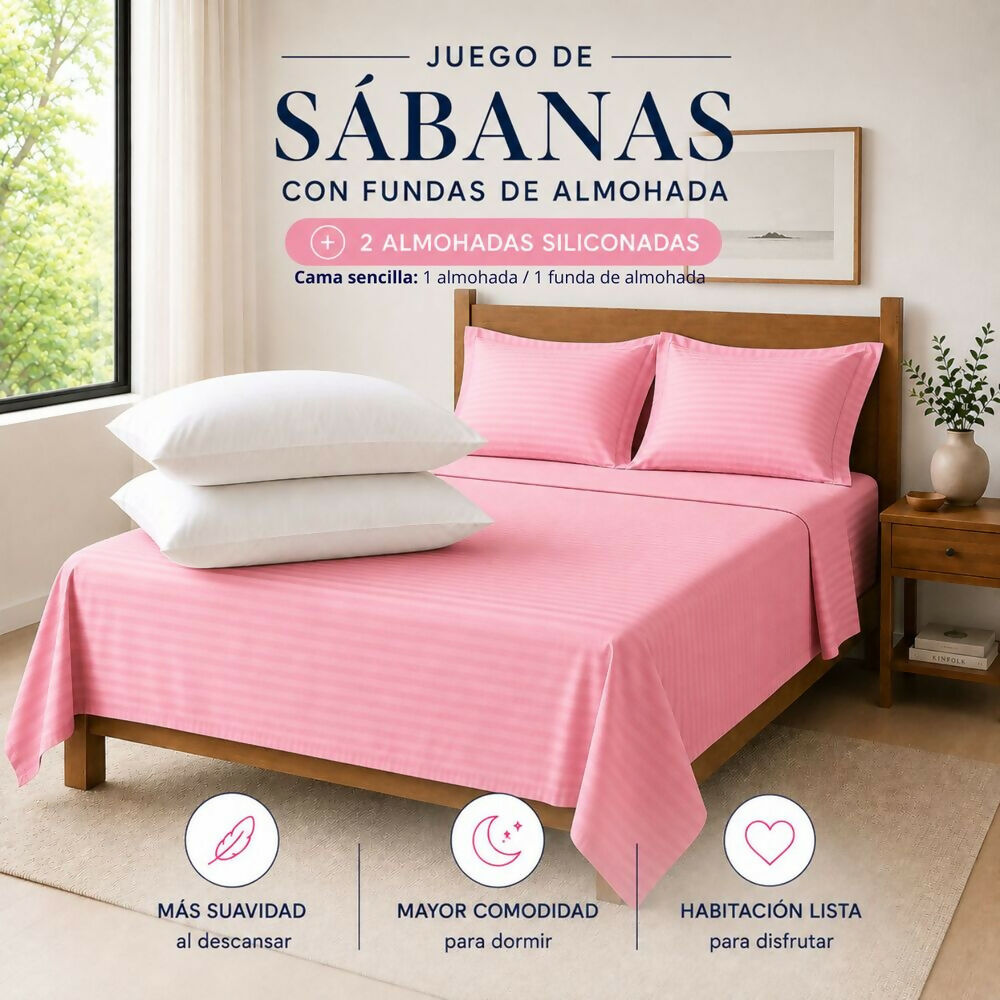 Combo Juego de sábanas + 2 almohadas siliconadas king rosado
