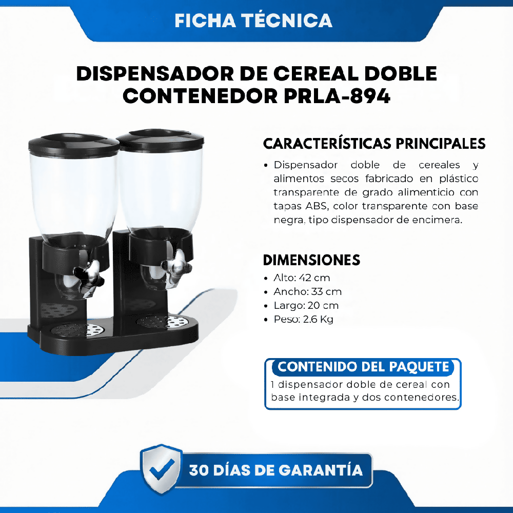 Dispensador De Cereal Doble Contenedor PRLA-894 Organizador Hermético Con Dosificación Práctica Para Cocina