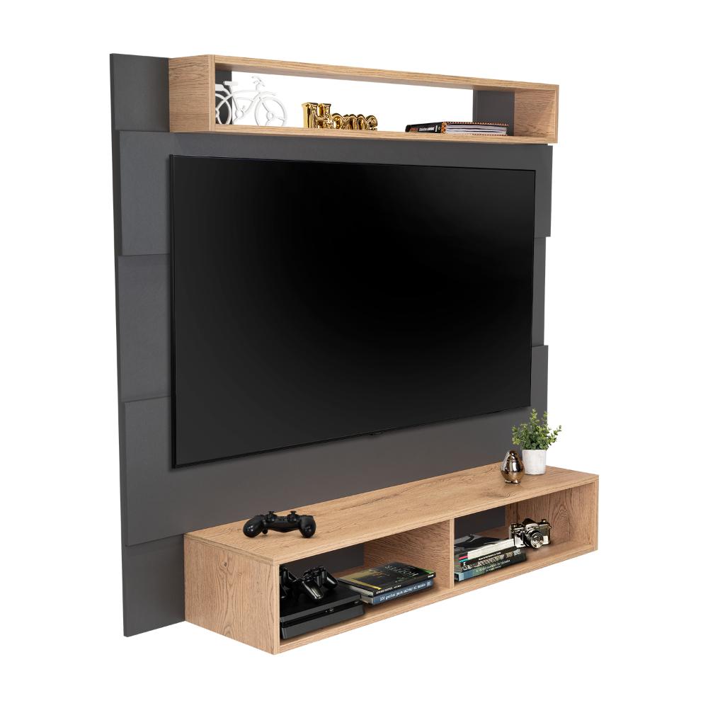Panel de Tv Chares, Plata Oscuro y Macadamia, con Espacio Para Televisor de Hasta 55 Pulgadas