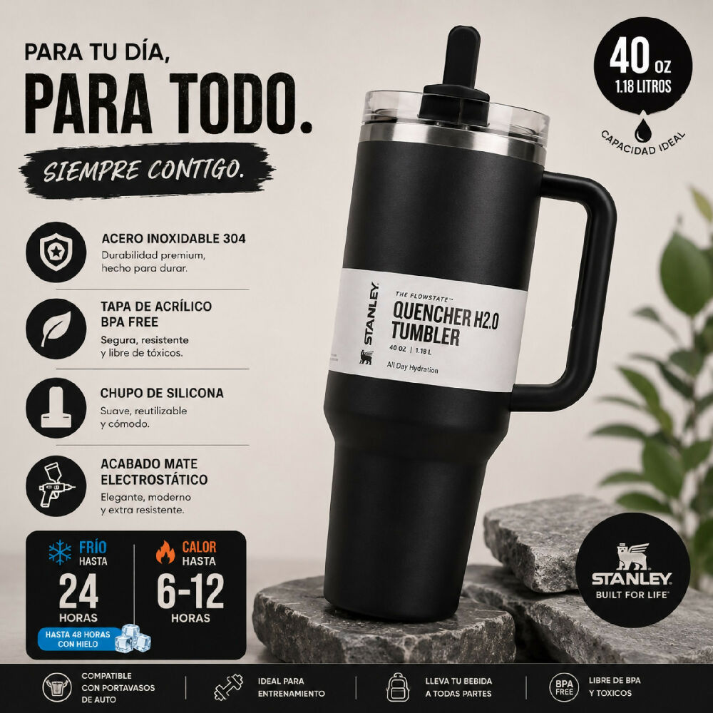 Termo Térmico Stanley 40oz Con Sorbete Ideal Para Gimnasio Y Viajes Negro