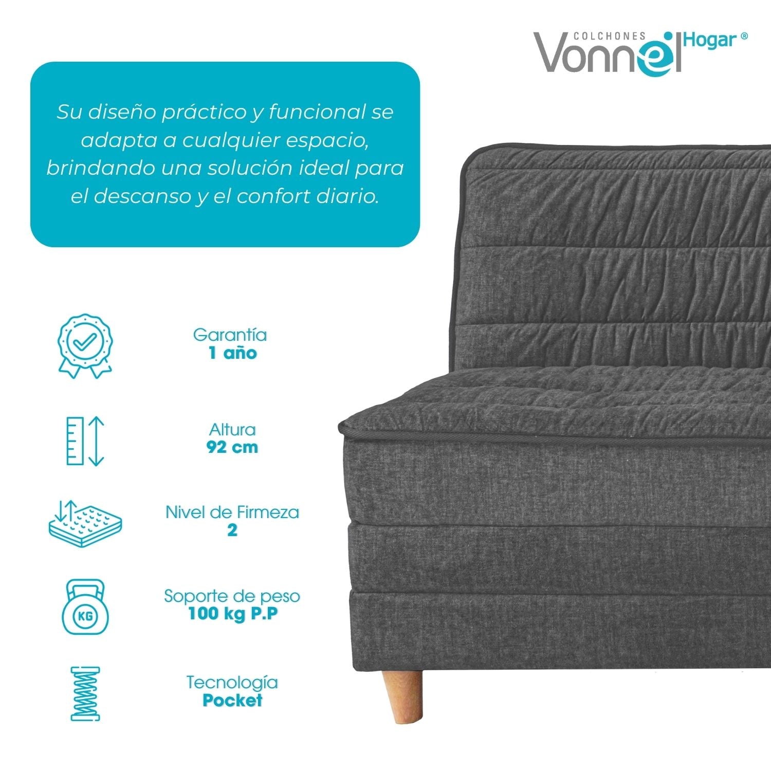 Sofá Cama Europeo Marca Vonnel (120X180 Cm) Plata