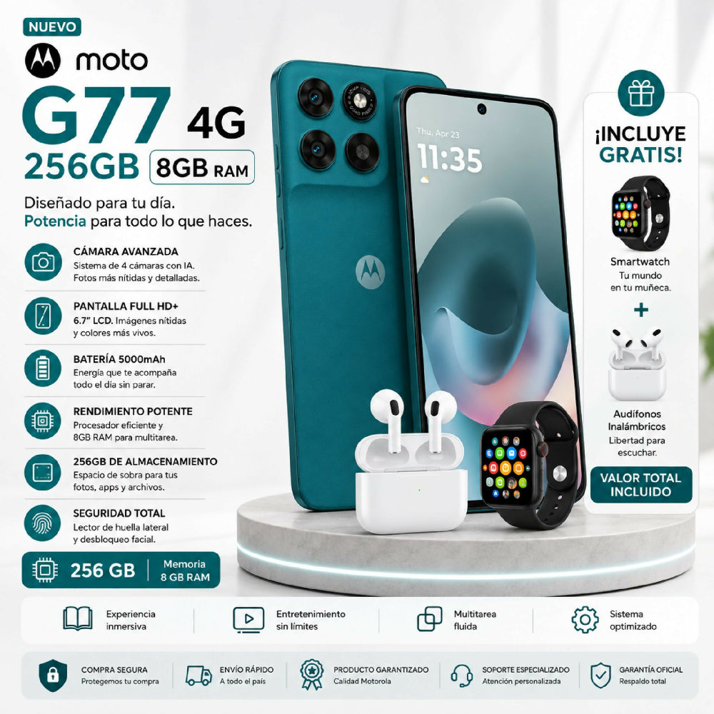 Celular Motorola G77 4G 256GB Rendimiento Ultra Fluido Azul + 2 Obsequios Imperdibles