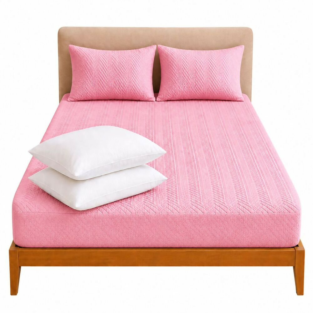 Combo protector colchon + 2 almohadas siliconadas semidoble rosado