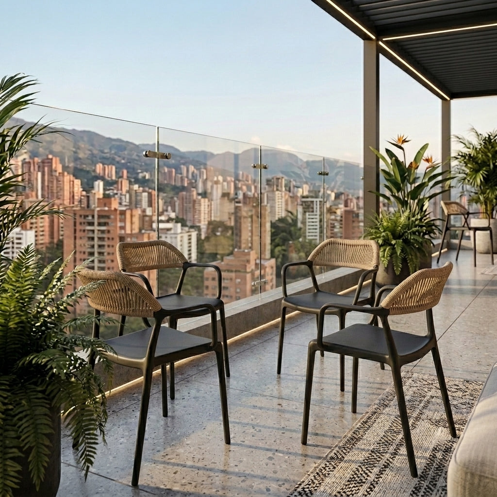 Set de 4 Sillas con Brazos Bombay, Negro y Beige, con Espaldar en Cuerdas y Diseño Moderno