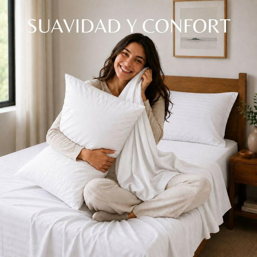 Combo Juego de sábanas + 2 almohadas siliconadas queen blanco