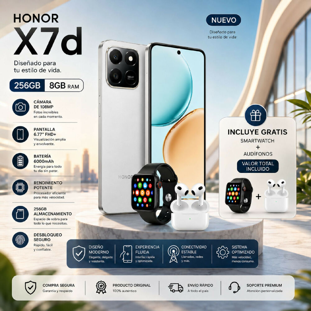 Celular Honor X7d 256gb Gris + 8gb Ram + Smartwatch Y Audífonos Gratis