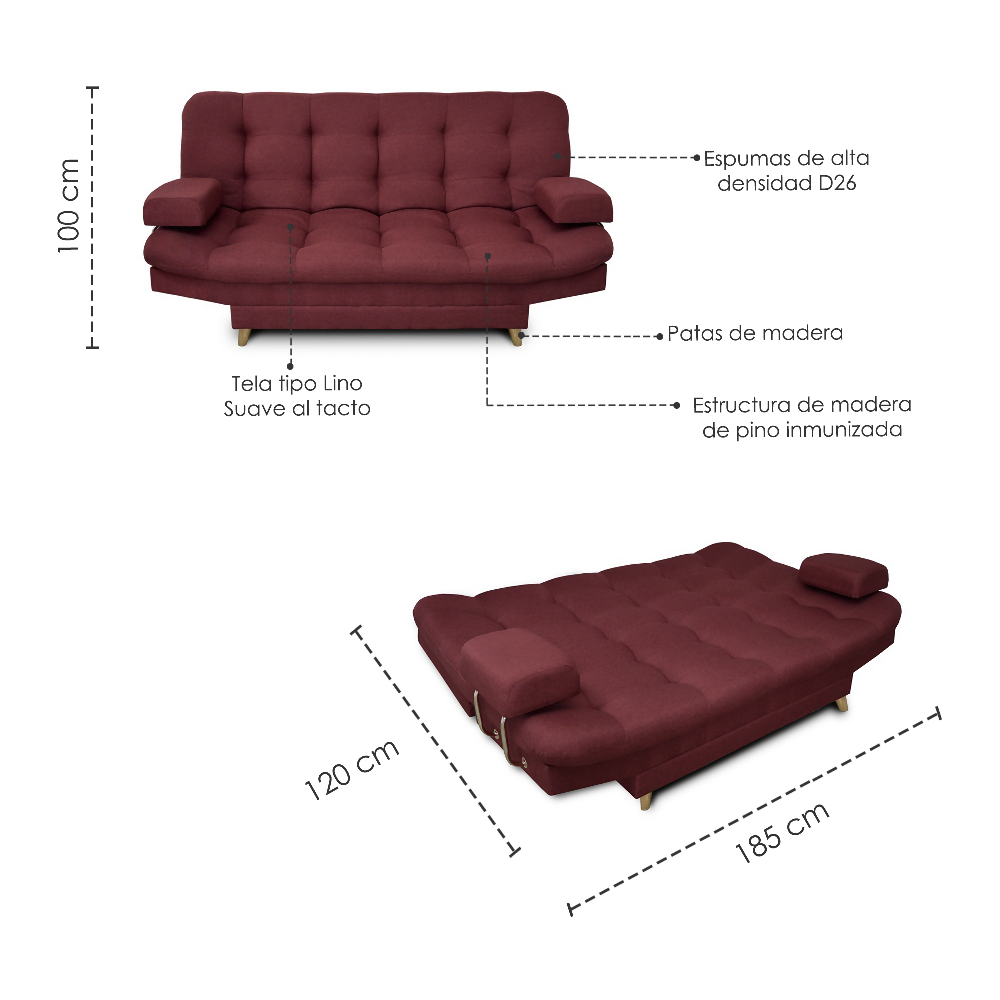 Sofa cama 3 posiciones Carvallo Lux Clic Clac Tela Vinotinto