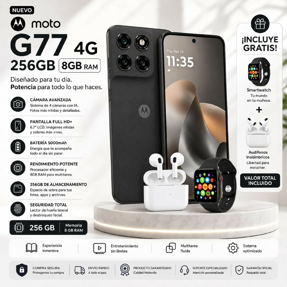 Celular Motorola G77 4G 256GB Rendimiento Ultra Fluido Negro + 2 Obsequios Imperdibles