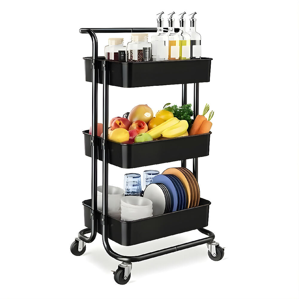 Carrito Organizador Multiusos Negro Con 3 Estantes Organizador Práctico Para Cocina, Oficina Y Espacios Pequeños