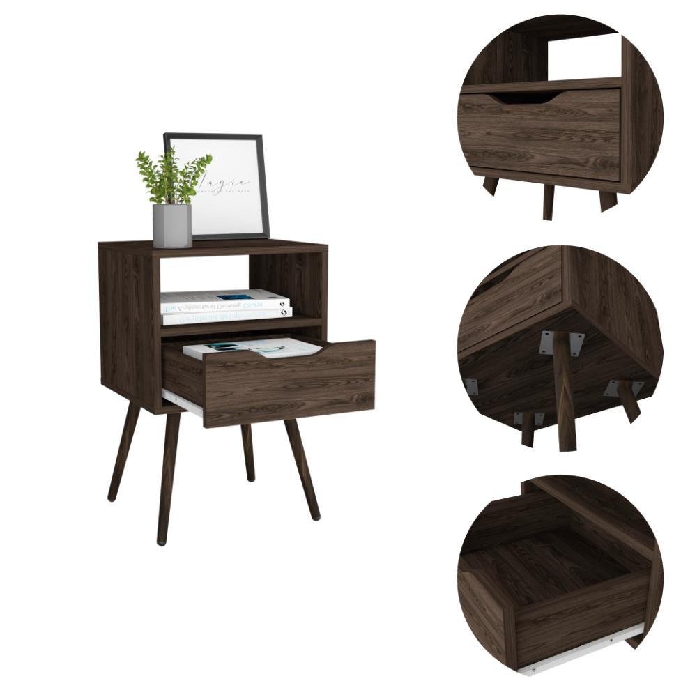 Mesa de Noche Alesio, Chocolate, con Patas en Madera y un Cajón ZF