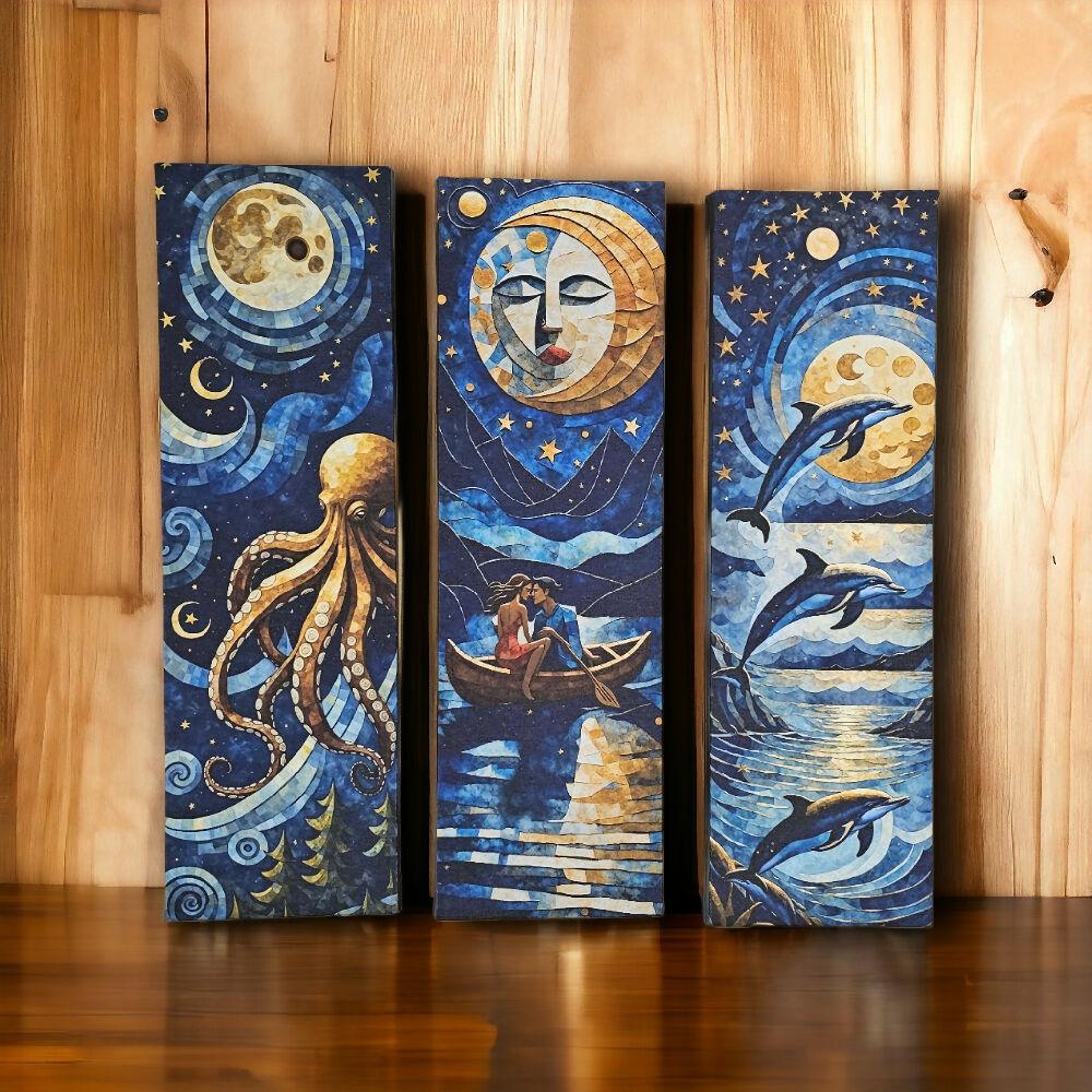 Lienzos Tríptico Arte Noches De La Luna Azul 60X18CM
