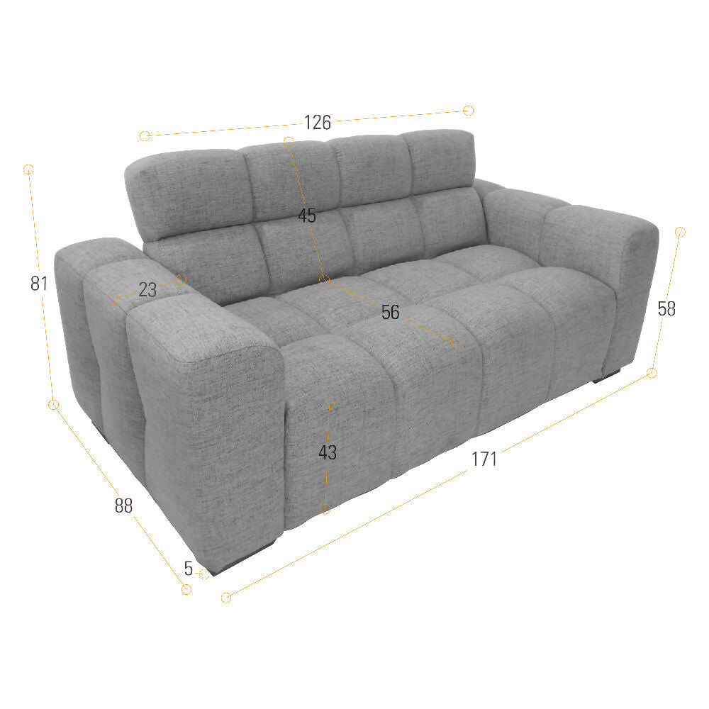 Sofa Miami 2 Puestos 171x88x81 Tela Plata