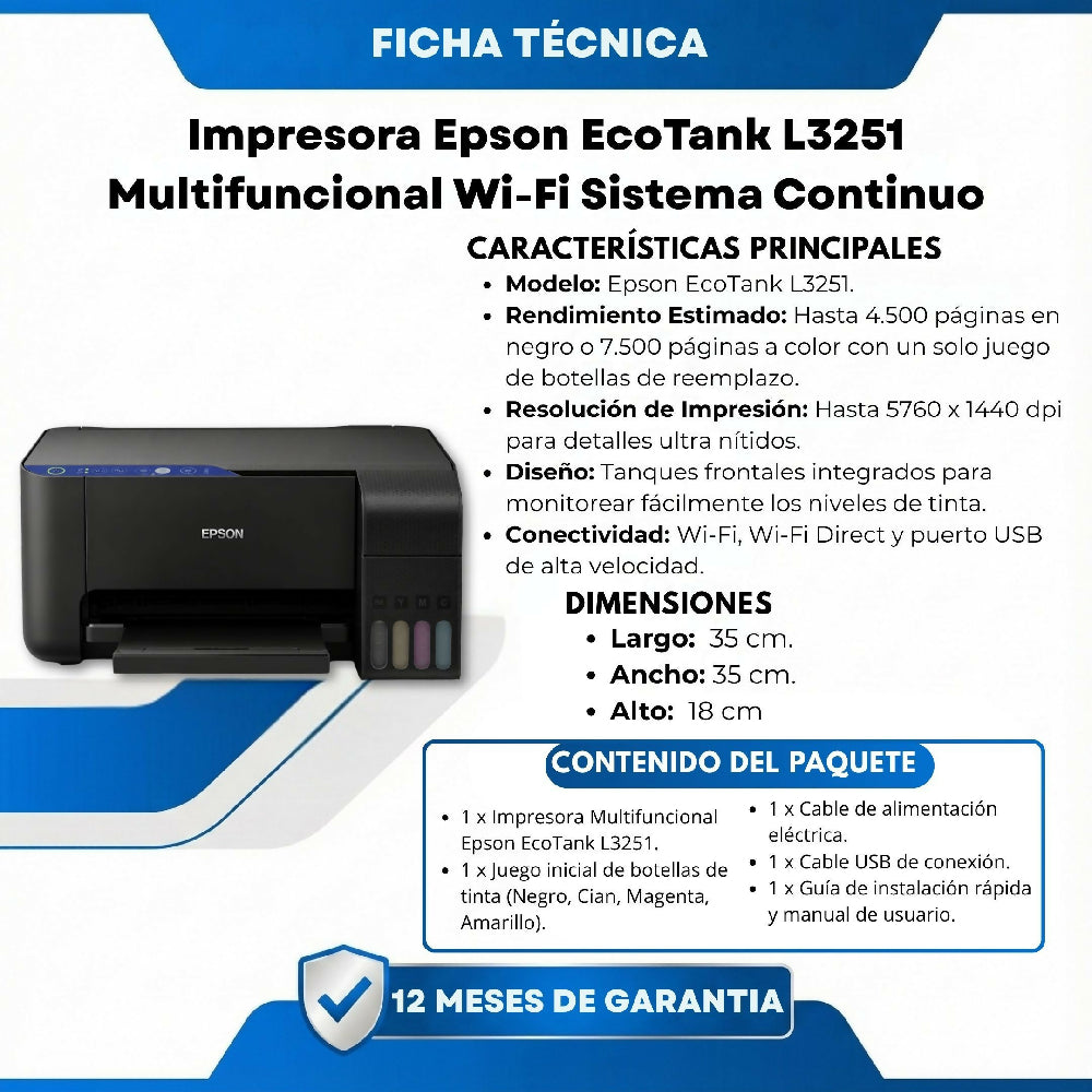 Impresora Epson EcoTank L3251 Multifuncional Wi-Fi Sistema Continuo