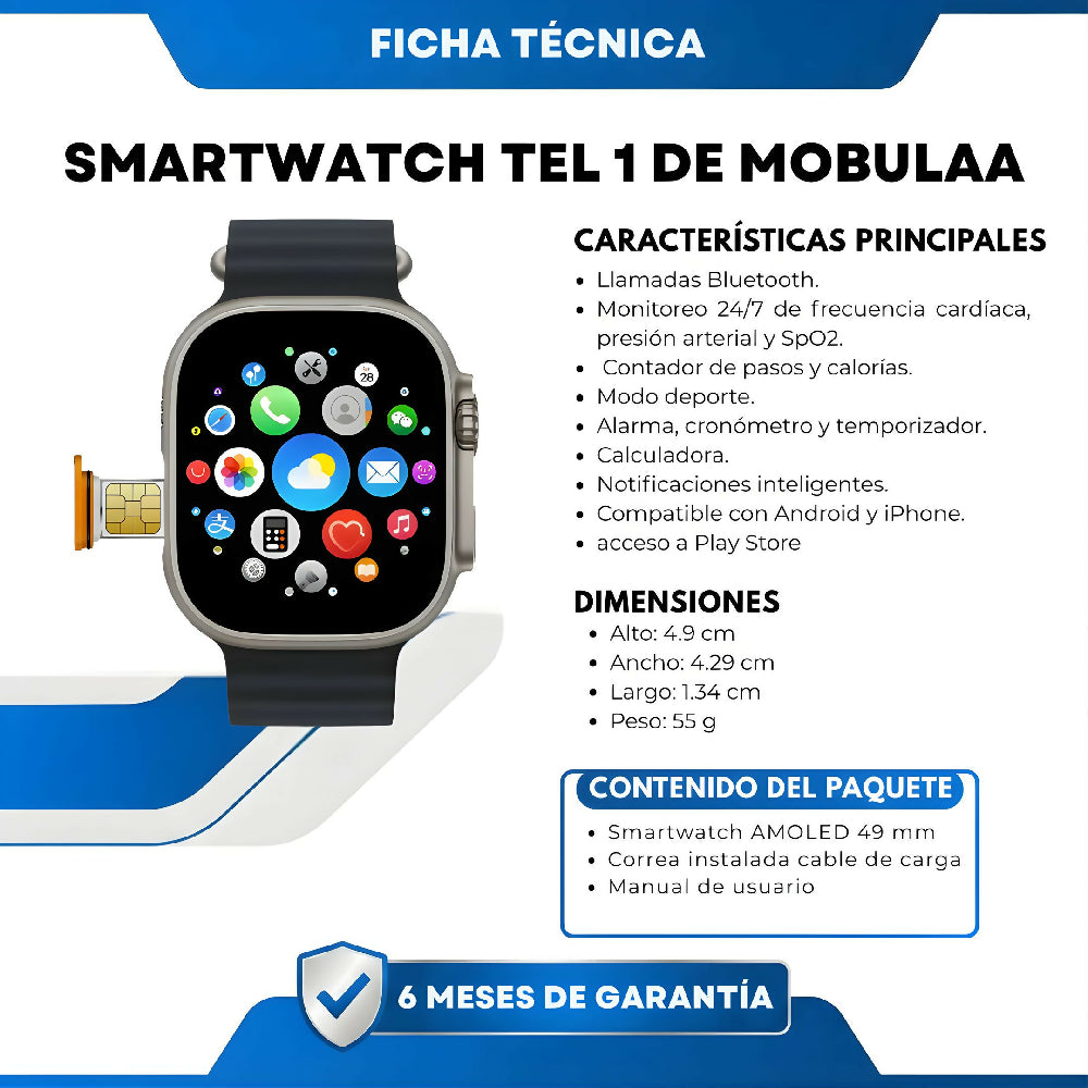 Smartwatch Tel 1 Mobulaa Negro Bluetooth Reloj Inteligente Con Pantalla HD, Frecuencia Cardíaca Y Batería Duradera