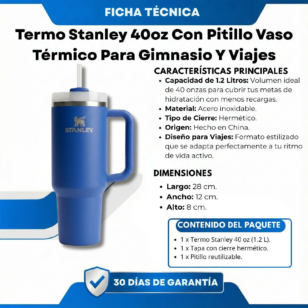 Termo Stanley 40oz Con Pitillo Vaso Térmico Para Gimnasio Y Viajes Azul