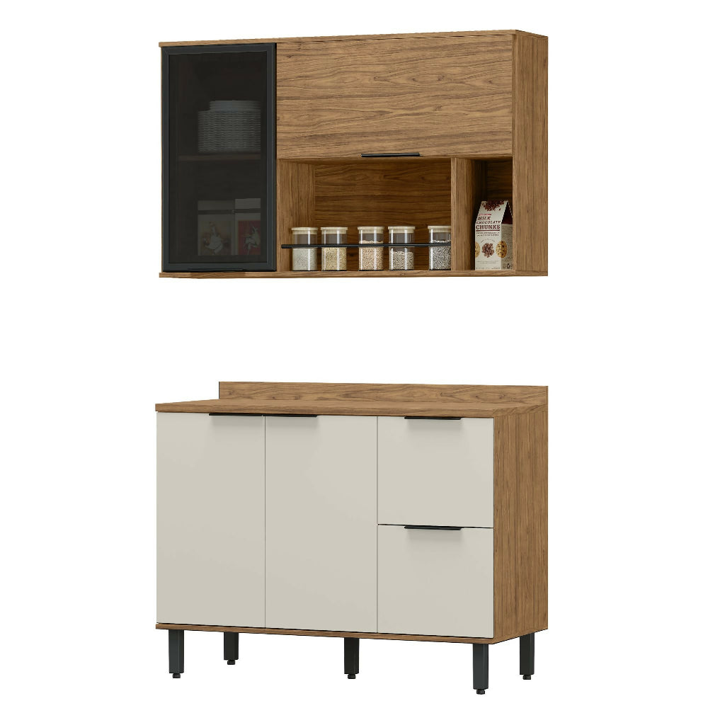 Cocina 120 cm Malta 3 Puertas 2 Cajones - Natural/Blanco Apagado
