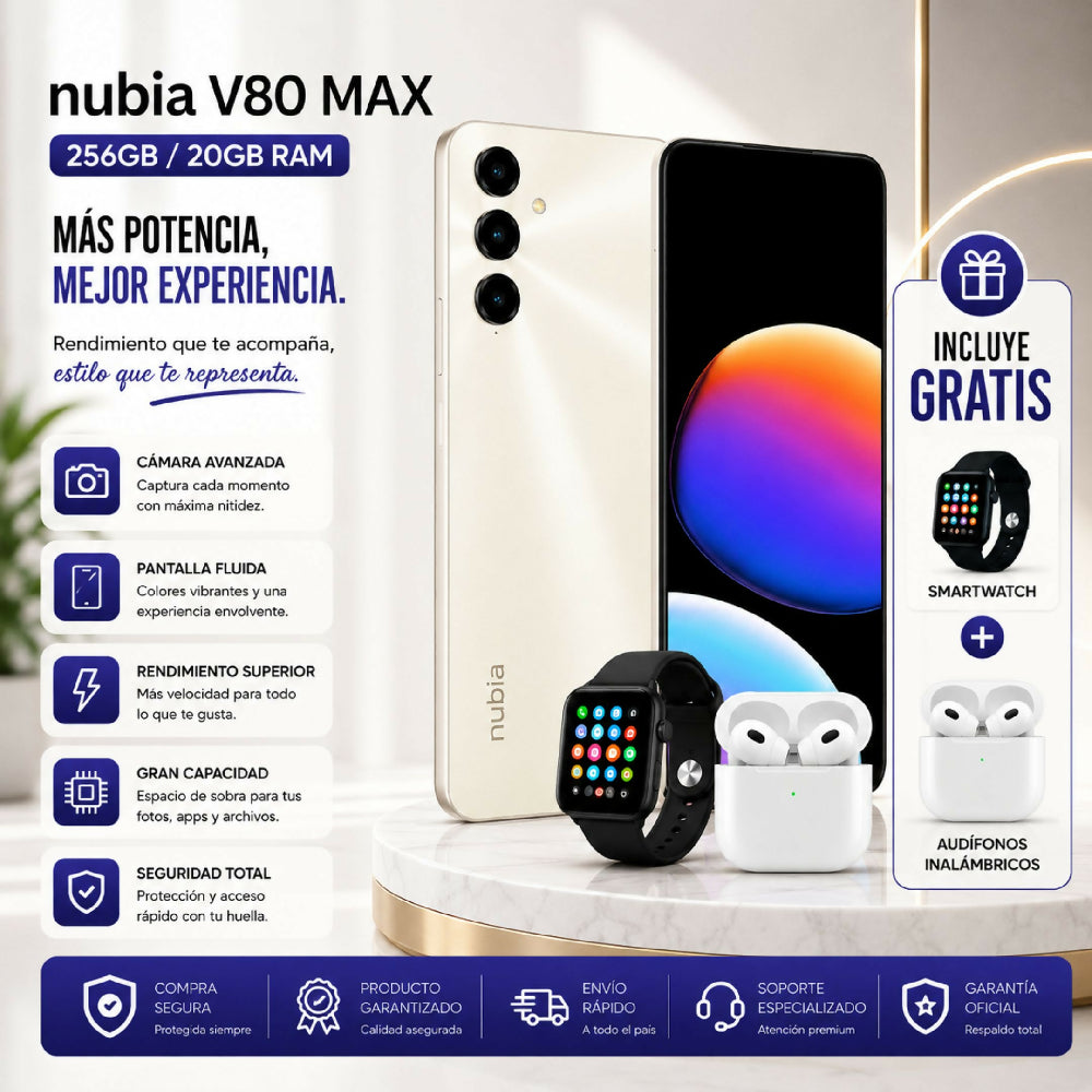 Celular Nubia V80 Max 256GB 20GB RAM Blanco + Audífonos Y Reloj Obsequio
