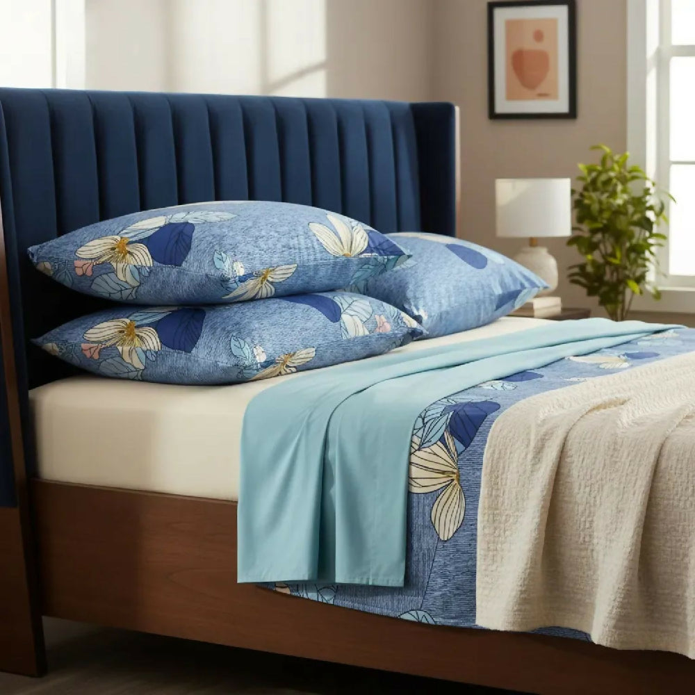 Juego de Sábanas Cama Sencilla 300 Hilos 100% Algodón Magnolia Azul