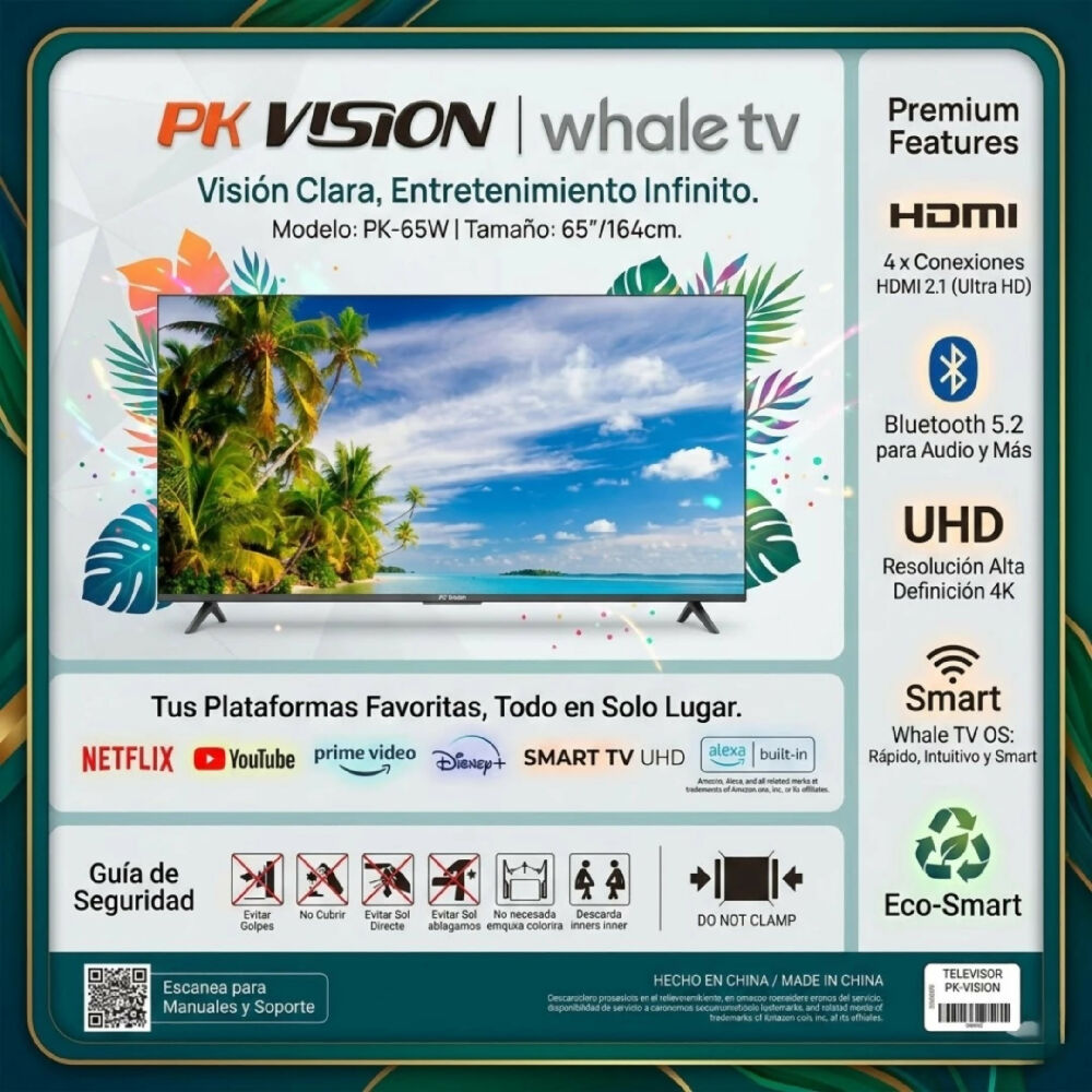 Televisor PK Vision 65 Pulgadas Smart TV Whale TV OS Resolución 4K Ultra HD