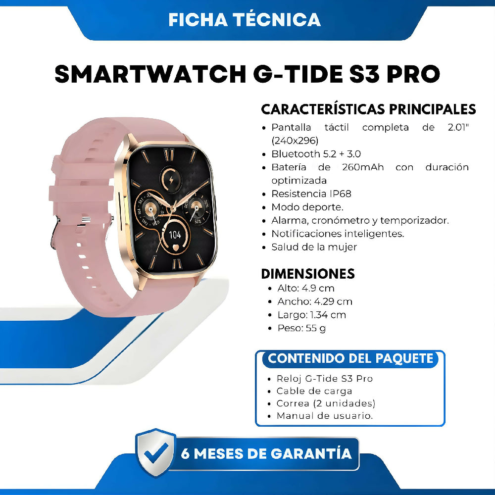 Smartwatch G-Tide S3 Pro Rosado Reloj Inteligente Bluetooth Con Llamadas, Monitor De Salud, Frecuencia Cardíaca, SpO2 Y Notificaciones