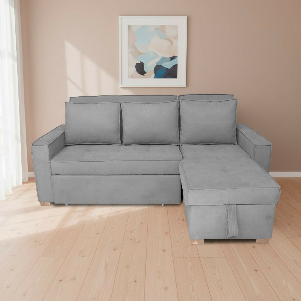 Esquinero Baúl Marsella Multifuncional Reclinable Derecho Gris + Cojines Decorativos