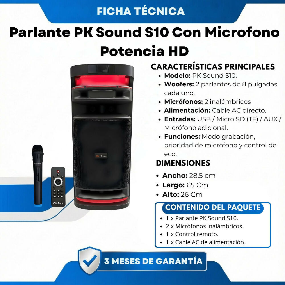 Parlante PK Sound S10 Con Microfono Potencia HD Con Función Karaoke