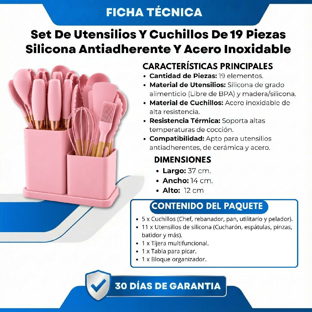 Set De Utensilios Y Cuchillos De 19 Piezas Silicona Antiadherente Y Acero Inoxidable Rosa