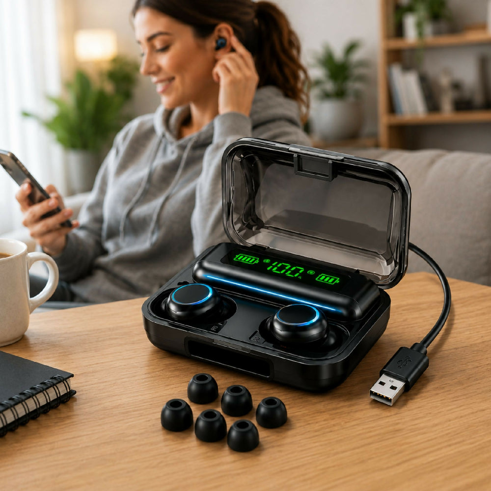 Audífonos Inalámbricos F9 Bluetooth Power Bank Estuche Carga Emergencia Y Sonido HD